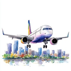 A vibrant watercolor illustration depicts a passenger airplane descending towards a cityscape, symbolizing air travel and the exciting journey of airline passengers arriving at