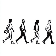 Obraz premium Realistic silhouettes of four diverse adults walking in a row, depicting everyday people commuting or strolling, perfect for illustrative use in graphic design projects, websites,
