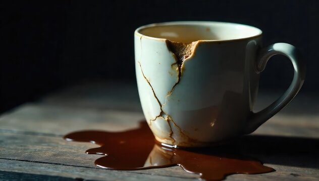 Close-up of a cracked ceramic mug, coffee spilled, dark and moody lighting; conveying a sense of loss and disappointment , lighting, desolate