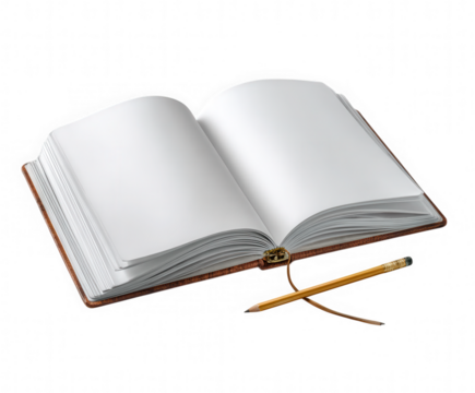 Open blank book with pencil isolated on transparent background