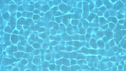 View from above of water rippled in blue tiles swimming pool, with bright light shines into water and make the caustic light shimmering on bottom of the pool. 3D Illustration.