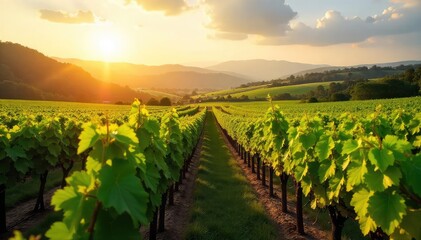 Fototapeta premium Golden Hour Vineyards Sun-Drenched Grapevines Roll Across Picturesque Hills at Harvest Time, Idyllic Countryside Landscape