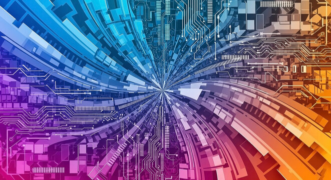 Vibrant Rainbow Circuit Vortex Art - Futuristic Digital Wallpaper for Modern Decor