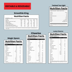 Editable Nutrition Label Designs for Cereal, Smoothies, and Tea