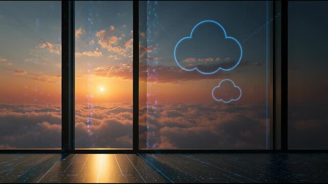 Cloud Computing Sunrise View: A digital rendition of cloud computing visualized through a window with the morning sun peering above a bed of clouds and reflecting the technology