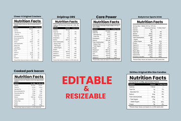 nutrition facts template, cereal nutrition, smoothie nutrition, editable nutrition labels, tea label design, sugar content, dietary info, 