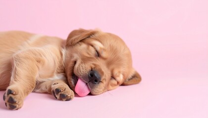 Obraz premium 柔らかな日差しの舌で、舌を出してリラックスした表情で昼寝をする子犬のポートレート 