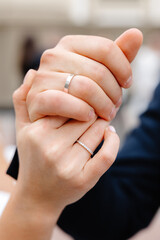 Groom and bride holding hands showing wedding rings