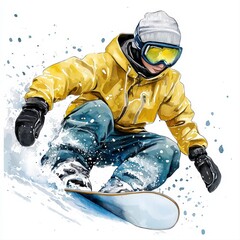 A vibrant watercolor painting depicts a snowboarder in dynamic motion carving through fresh powder snow showcasing expert skill and winter sports excitement.