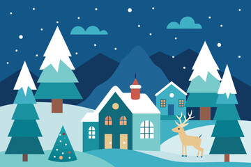  charming winter village scene with snowcovered houses, pine trees, and a reindeer under a starry night sky, perfect for holiday greetings vector illustration