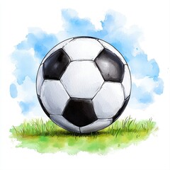 A meticulously detailed watercolor illustration showcases a classic black and white soccer ball resting gently on a vibrant patch of green grass against a soft blue sky background