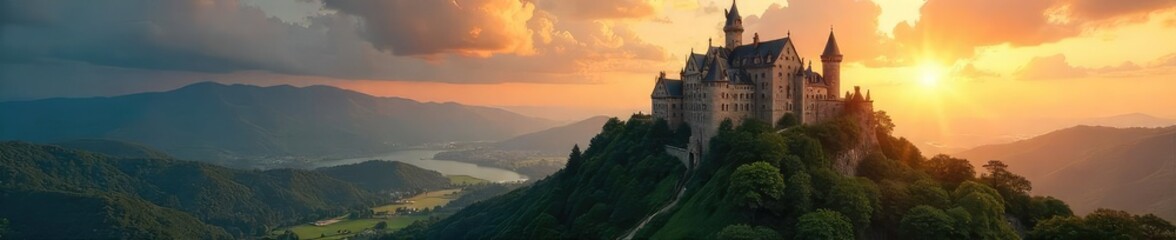 A majestic fairytale castle stands proudly on a lush green hilltop, overlooking a sprawling kingdom The sun sets, casting a warm golden glow on the stone walls and towers , dreamland, sky