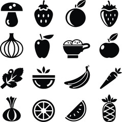 Black and White Fruit and Vegetable Icon Assortment Graphic Collection Healthy Eating Variety Nutrient Rich Foods Culinary and Agricultural Concepts