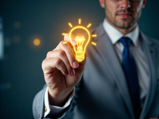 Hand Drawing Lightbulb with Glowing Pen on Transparent Board