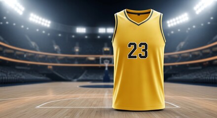 A vibrant yellow basketball jersey with black trim sits ready in a bright arena.