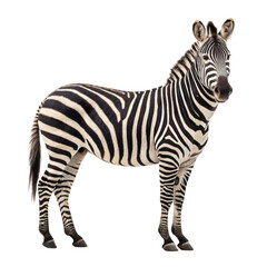 Fototapeta premium A striking zebra stands tall, its distinctive black and white stripes creating a mesmerizing pattern against a plain background isolated on transparent background