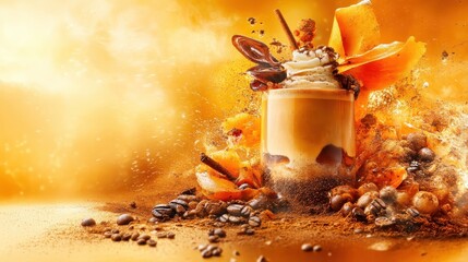 Creamy Coffee Dessert with Sprinkles and Garnishes Against Orange Background