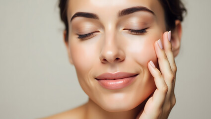 Obraz premium Close-up portrait of woman with glowing skin, radiant face, soft makeup, serene expression, showcasing beauty and skincare elegance