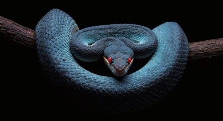 Striking Blue Viper on Branch: A captivating image of a vivid blue viper coiled gracefully on a textured branch, its piercing red eyes commanding attention against a stark, dramatic background.