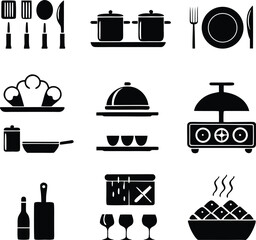 Kitchenware Icons Representing Cooking, Dining, and Food Preparation for Restaurant Menus or Culinary Designs with a Simple Silhouette Style
