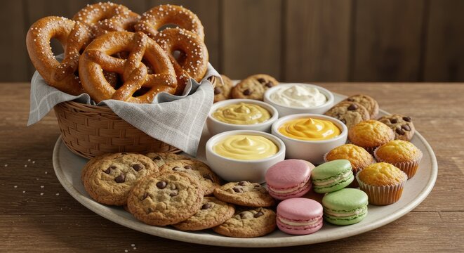 Tempting Snack Platter: Pretzels, Cookies, Macarons, Muffins, and Assorted Dips on Rustic Wooden Table