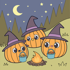Fototapeta premium Group of Kawaii Pumpkins Around Halloween Campfire
