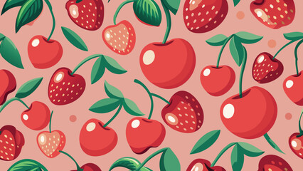 Red cherries and strawberries with green leaves on pink background cherry strawberry
