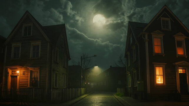Eerie victorian street at night with glowing windows and moonlit sky
