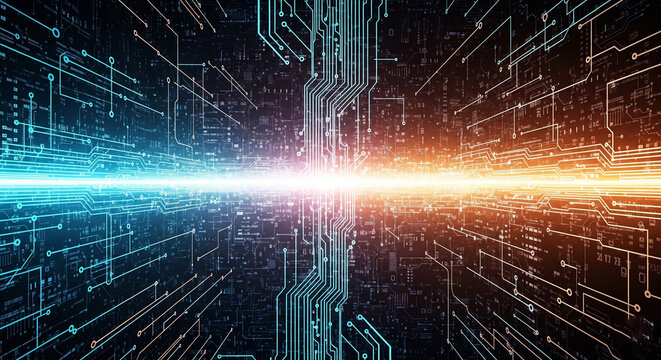 Futuristic Circuit Board Background: Dynamic Blue and Orange Glow Design for Tech Inspiration