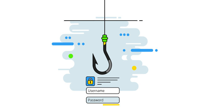 Cybersecurity concept of a phishing attack targeting login credentials with a fishing hook over a username and password form.