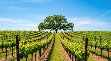 Fototapeta premium Vineyard landscape with green grape vines and big tree