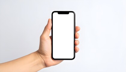 Hand Holding Smartphone with Blank Screen Isolated on White Background