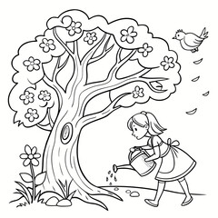 vector illustration of tree in the water pumping a girl, bird  line art  coloring page 