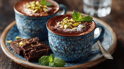 Elegant Chocolate Mousse Dessert with Pistachios and Mint in Blue Cups