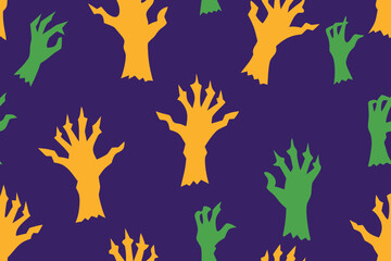 Fototapeta premium spooky seamless pattern of zombie hands in green and orange emerging from a dark purple background, halloween horror design vector illustration
