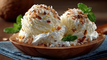 Coconut Ice Cream Scoops with Toasted Flakes and Mint Garnish in Wooden Bowl