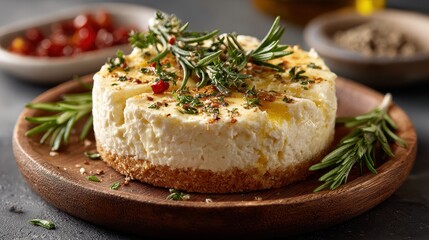 Savory Cheesecake with Rosemary and Herbs on a Wooden Plate Close Up