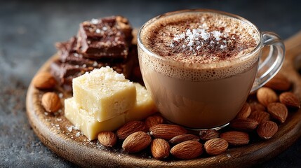 Hot Chocolate with Sea Salt, White Chocolate Fudge and Almonds on Wood Board