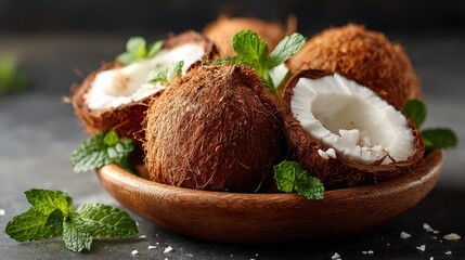 Fresh Coconuts in Wooden Bowl with Mint Leaves on Dark Background