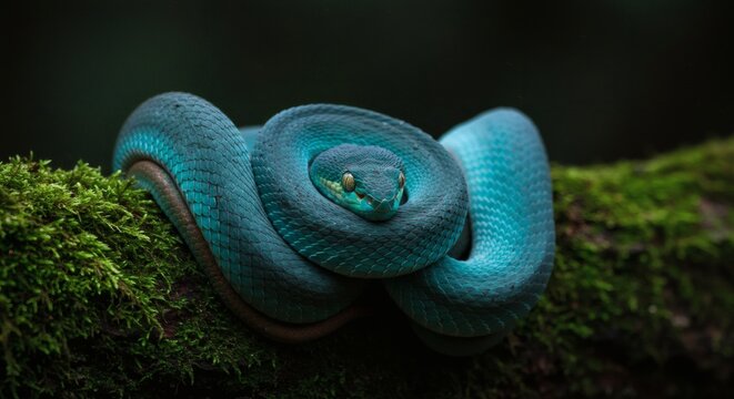 Emerald Embrace: A stunning blue viper coils gracefully on a moss-covered branch, its piercing gaze commanding attention amidst the verdant serenity of the forest.
