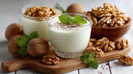Walnut Milk Dessert with Mint Garnish on Wooden Board, Healthy Food