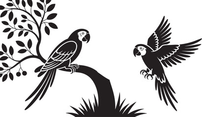 Fototapeta premium Two parrots perched and flying near a stylized tree macaw bird