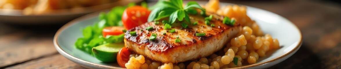 A close-up shot of a healthy, restaurant-style meal featuring lean protein, colorful vegetables, and whole grains, ideal for a waitress's balanced diet , restaurant meal, fitness, dietary fiber