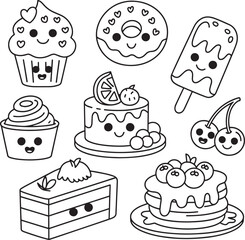 Adorable cartoon desserts with happy faces and hearts sweet food