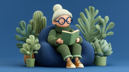 minimal 3D cartoon illustration of one girl comfortably reading against pure blue background