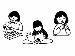 Simple black and white vector line drawing of children doing daily activities — brushing teeth, reading, playing with toys — cute and educational style for preschool coloring pages