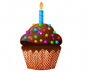 Chocolate cupcake with colorful sprinkles and a lit candle isolated on transparent background