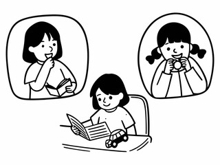 Simple black and white vector line drawing of children doing daily activities — brushing teeth, reading, playing with toys — cute and educational style for preschool coloring pages