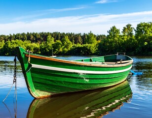 Obraz premium Green rowboat on tranquil river