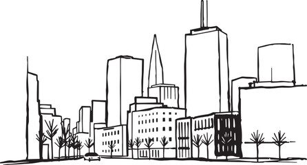 Obraz premium City landscape. Different buildings on street, outline cityscape hand sketch, flat houses. Hand drawn vector illustration